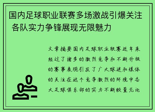 国内足球职业联赛多场激战引爆关注 各队实力争锋展现无限魅力