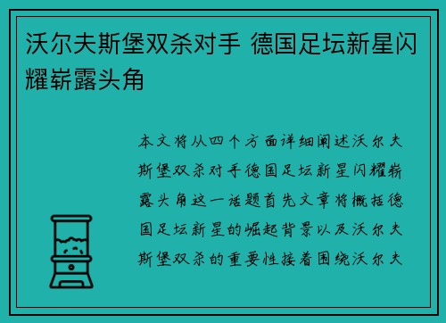 沃尔夫斯堡双杀对手 德国足坛新星闪耀崭露头角