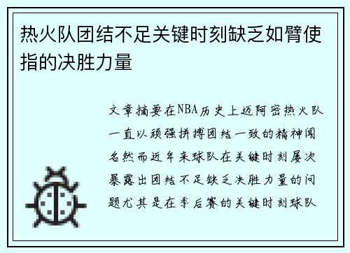 热火队团结不足关键时刻缺乏如臂使指的决胜力量