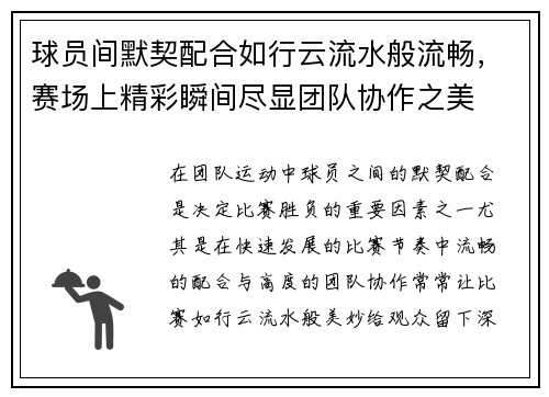 球员间默契配合如行云流水般流畅，赛场上精彩瞬间尽显团队协作之美