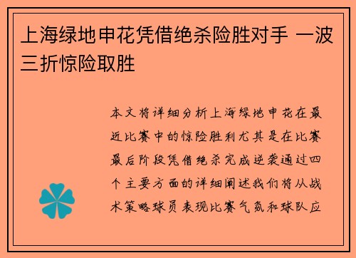 上海绿地申花凭借绝杀险胜对手 一波三折惊险取胜