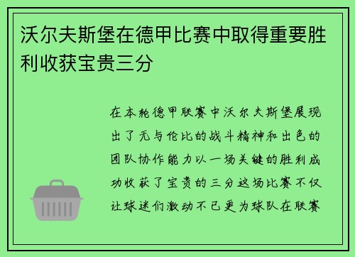 沃尔夫斯堡在德甲比赛中取得重要胜利收获宝贵三分